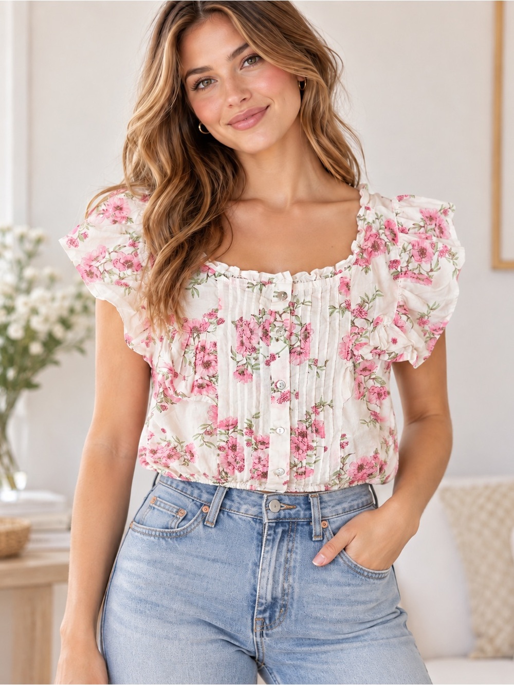 Japna Pink Floral Cotton Puff Sleeve Cottagecore Blouse Small